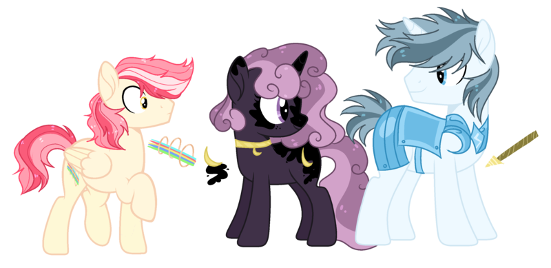 Size: 3077x1495 | Tagged: safe, artist:rose-moonlightowo, derpibooru import, oc, unofficial characters only, pegasus, pony, unicorn, armor, female, image, magical lesbian spawn, male, mare, offspring, parent:pinkie pie, parent:princess celestia, parent:princess luna, parent:rainbow dash, parents:dashlestia, parents:lunapie, parents:shiningdash, png, simple background, stallion, transparent background