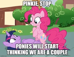 Size: 648x500 | Tagged: safe, derpibooru import, edit, edited screencap, editor:twi clown, screencap, pinkie pie, twilight sparkle, twilight sparkle (alicorn), alicorn, earth pony, pony, fame and misfortune, bipedal, caption, cropped, duo, female, image, image macro, imgflip, implied lesbian, implied shipping, implied twinkie, jpeg, looking at each other, lying down, mare, shipping denied, smiling, text