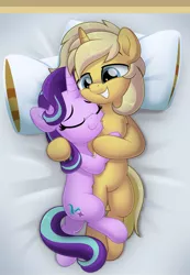 Size: 600x865 | Tagged: safe, artist:jhayarr23, derpibooru import, starlight glimmer, oc, oc:sunlight bolt, pony, unicorn, belly fluff, canon x oc, chest fluff, commission, cuddling, cute, daaaaaaaaaaaw, female, fluffy, glimmbolt, image, leg fluff, male, not applejack, png, shipping, straight