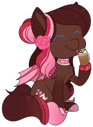 Size: 1740x2372 | Tagged: safe, artist:jetjetj, derpibooru import, part of a set, oc, oc:mocha heart, unofficial characters only, bat pony, pony, chibi, commission, eyes closed, female, image, mare, milkshake, png, simple background, sitting, smiling, solo, transparent background, ych result