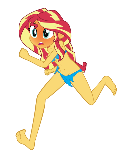 Size: 12259x15689 | Tagged: questionable, anonymous artist, derpibooru import, sunset shimmer, equestria girls, bare shoulders, barefoot, blushing, breasts, clothes, embarrassed, feet, image, jungle girl, loincloth, png, running, scared, simple background, sleeveless, solo, transparent background