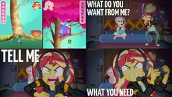 Size: 1986x1117 | Tagged: safe, derpibooru import, edit, edited screencap, editor:quoterific, screencap, fluttershy, sunset shimmer, human, equestria girls, equestria girls series, game stream, spoiler:eqg series (season 2), angry, controller, duo, duo female, female, image, open mouth, png, rage, tell me what you need, video game