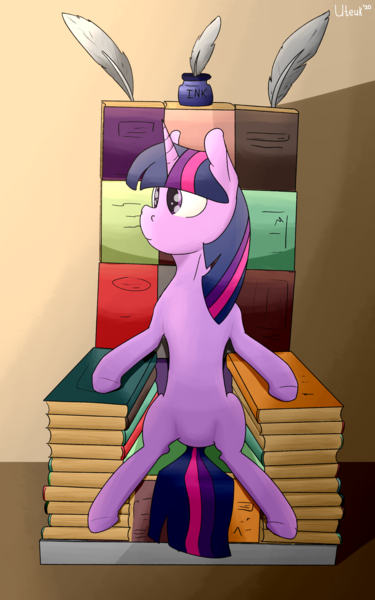 Size: 2000x3200 | Tagged: safe, artist:uteuk, derpibooru import, twilight sparkle, unicorn, book, book throne, bookhorse, feather, image, ink, inkwell, png, sitting, solo, throne, unicorn twilight