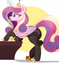 Size: 1108x1200 | Tagged: suggestive, artist:raps, derpibooru import, princess cadance, alicorn, pony, butt, candy, clothes, crossed hooves, crossed legs, dock, eating, female, food, glowing horn, horn, image, jewelry, jpeg, lidded eyes, lingerie, lollipop, magic, mare, pantyhose, plot, regalia, socks, solo, solo female, stockings, suggestive eating, telekinesis, thigh highs