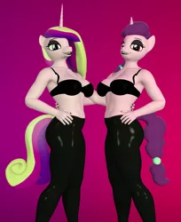 Size: 3136x3840 | Tagged: suggestive, artist:kevhon, derpibooru import, princess cadance, sugar belle, anthro, 3d, bra, breasts, busty princess cadance, busty sugar belle, clothes, duo, duo female, eyeshadow, female, females only, image, latex, latex bra, latex pants, lipstick, makeup, nail polish, png, reasonably sized breasts, sexy, source filmmaker, underwear