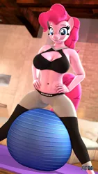 Size: 1080x1920 | Tagged: suggestive, artist:anthroponiessfm, derpibooru import, pinkie pie, anthro, 3d, belly button, boob window, breasts, busty pinkie pie, clothes, female, gym, gym ball, image, jpeg, leggings, looking at you, pants, solo, solo female, source filmmaker, sports bra, yoga, yoga pants