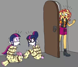 Size: 1864x1593 | Tagged: safe, artist:bugssonicx, derpibooru import, sci-twi, sunset shimmer, twilight sparkle, equestria girls, arm behind back, bondage, bound and gagged, cloth gag, clothes, footed sleeper, footie pajamas, gag, image, kidnapped, nightgown, onesie, otn gag, over the nose gag, pajamas, png, rope, rope bondage, slippers, socks, tied up, twolight