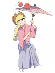 Size: 2400x3200 | Tagged: safe, artist:nendo, derpibooru import, applejack, human, equestria girls, apple, clothes, cowboy hat, digital art, female, food, hakama, hat, high res, humanized, image, looking up, png, simple background, smiling, solo, stetson, umbrella, white background