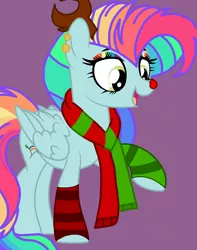 Size: 1260x1602 | Tagged: safe, artist:circuspaparazzi5678, derpibooru import, oc, oc:rainbow blitz, pegasus, pony, antlers, base used, christmas, clothes, deer antlers, ear piercing, earring, holiday, image, jewelry, magical lesbian spawn, multicolored hair, offspring, parent:fluttershy, parent:rainbow dash, parents:flutterdash, piercing, png, purple background, rainbow hair, rainbow makeup, red nose, reindeer antlers, scarf, simple background, socks, solo