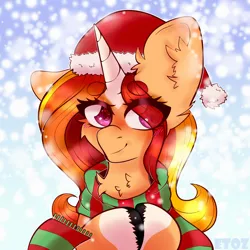 Size: 2000x2000 | Tagged: safe, artist:etoz, derpibooru import, oc, unofficial characters only, pony, unicorn, blushing, christmas, clothes, commission, female, happy, hat, holiday, horn, icon, image, mare, png, santa hat, scarf, smiling, snow, snowfall, solo, winter, winter outfit, ych result