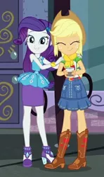 Size: 388x654 | Tagged: safe, derpibooru import, screencap, applejack, rarity, equestria girls, equestria girls series, street chic, spoiler:eqg series (season 2), applejack's hat, autumn, boots, bracelet, clothes, coffee, cowboy boots, cowboy hat, cropped, cute, eyes closed, female, geode of shielding, geode of super strength, hat, high heels, image, jackabetes, jewelry, jpeg, looking at you, magical geodes, pencil skirt, raribetes, rarity peplum dress, scarf, shoes, skirt, smiling, smiling at you, window