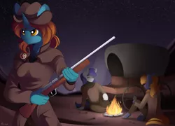 Size: 2000x1440 | Tagged: safe, artist:conrie, derpibooru import, oc, oc:dust runner, unofficial characters only, anthro, fallout equestria, campfire, clothes, crossover, fallout, gun, image, night, png, sand, wagon, wasteland, weapon