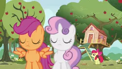 Size: 1280x720 | Tagged: safe, derpibooru import, screencap, apple bloom, scootaloo, sweetie belle, earth pony, pegasus, pony, unicorn, bloom and gloom, apple, apple tree, clubhouse, crusaders clubhouse, female, filly, food, image, png, tree