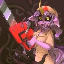 Size: 2000x2000 | Tagged: semi-grimdark, artist:pony straponi, derpibooru import, oc, oc:nebula eclipse, unofficial characters only, alicorn, anthro, bat pony, bat pony alicorn, bat pony oc, bat wings, breasts, chainsaw, halloween, hat, holiday, horn, image, jpeg, looking at you, nurse hat, nurse outfit, tentacles, wings