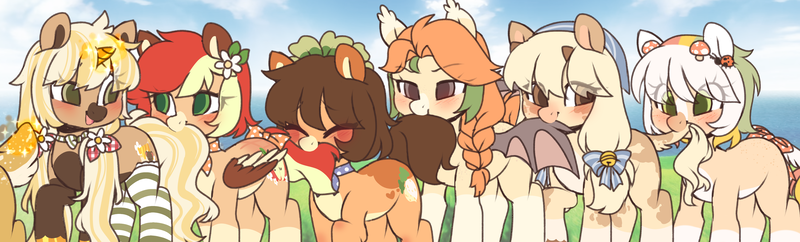 Size: 4962x1500 | Tagged: safe, artist:angelbeat-drift, derpibooru import, oc, oc:autumn harvest, oc:clover springs, oc:honey, oc:jitterbug, oc:maisy, oc:penelope, oc:sonya sugarbee, unofficial characters only, bat pony, cow, cow pony, deer, earth pony, insect, ladybug, pegasus, pony, unicorn, ascot, bandana, bells, biting, blank flank, blushing, bow, bowtie, braid, clothes, cute, cutie mark, derpibooru exclusive, eye clipping through hair, eyes closed, female, fetlock tuft, field, flower, flower in hair, freckles, group, grumpy, horn, horns, image, leaves, looking at each other, looking back, magic, mare, markings, mushroom, nibbling, nom, nom train, pigtails, plant, png, smiling, socks, striped socks, tail bite, thigh highs, weapons-grade cute, wings