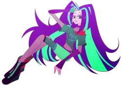 Size: 2893x2032 | Tagged: safe, artist:mywasasi, derpibooru import, aria blaze, equestria girls, boots, clothes, disguise, disguised siren, evening gloves, eyeshadow, fingerless elbow gloves, fingerless gloves, fishnets, gloves, image, lipstick, long gloves, long hair, makeup, midriff, png, shirt, shoes, simple background, solo, t-shirt, transparent background