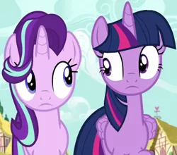 Size: 1304x1145 | Tagged: safe, derpibooru import, screencap, starlight glimmer, twilight sparkle, twilight sparkle (alicorn), alicorn, pony, unicorn, fame and misfortune, cropped, duo, duo female, female, image, looking at each other, mare, png