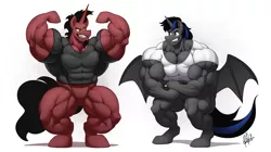 Size: 2209x1241 | Tagged: safe, artist:ponyanony, derpibooru import, oc, oc:crimson crescent, oc:dark ice, unofficial characters only, alicorn, bat pony, bat pony alicorn, unicorn, bat wings, brothers, clothes, fetish, flexing, horn, image, male, muscle fetish, muscles, png, shirt, siblings, t-shirt, twins, wings