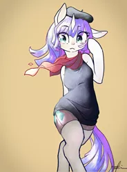 Size: 940x1280 | Tagged: safe, artist:toki, derpibooru import, rarity, anthro, pony, semi-anthro, unicorn, beret, breasts, clothes, crossed hooves, dress, female, hand on face, hat, image, jpeg, mare, scarf, solo