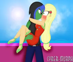 Size: 2064x1760 | Tagged: safe, artist:cyber-murph, derpibooru import, applejack, oc, oc:lightning voice, equestria girls, equestria girls series, spring breakdown, beret, canon x oc, carrying, clothes, female, geode of super strength, glasses, hat, image, jeans, kissing, lesbian, magical geodes, pants, png, ponytail, signature, surprise kiss, surprised, tanktop