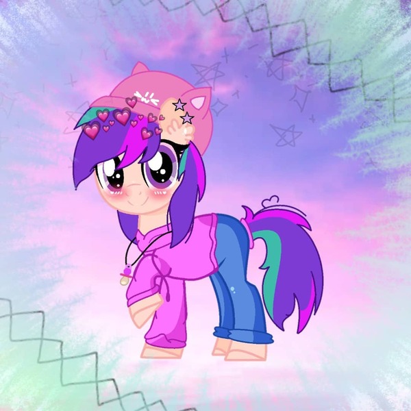 Size: 1080x1080 | Tagged: safe, artist:rxndxm.artist, derpibooru import, oc, unofficial characters only, earth pony, pony, abstract background, blushing, clothes, earth pony oc, hat, hoodie, image, jpeg, pants, raised hoof, solo