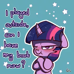 Size: 1625x1625 | Tagged: safe, artist:lou, derpibooru import, twilight sparkle, pony, unicorn, blushing, book, crossed hooves, cute, dialogue, female, filly, filly twilight sparkle, floppy ears, foal, grumpy, grumpy twilight, hnnng, image, lidded eyes, looking at you, png, scrunchy face, solo, stars, that pony sure does love books, twiabetes, unicorn twilight, younger