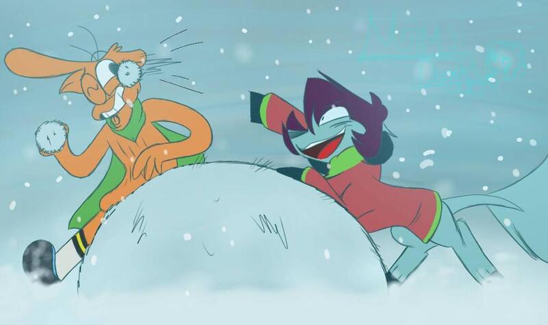 Size: 1024x607 | Tagged: safe, artist:mimidoggy, derpibooru import, oc, earth pony, pony, friendshipping, image, jpeg, snow, snowball fight, wander (wander over yonder), wander over yonder, winter