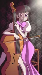 Size: 618x1100 | Tagged: safe, artist:riouku, derpibooru import, octavia melody, equestria girls, bow (instrument), bowtie, cello, clothes, dress, female, image, musical instrument, png, side slit, sitting, solo, stool