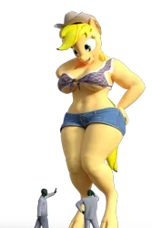 Size: 592x888 | Tagged: suggestive, artist:pose, derpibooru import, applejack, oc, oc:anon, anthro, human, pony, unguligrade anthro, 3d, belly button, breasts, busty applejack, clothes, cloven hooves, cowboy hat, daisy dukes, female, front knot midriff, giant anthro, giant apple jack, giant applejack, giant pony, giantess, hat, image, macro, mega applejack, micro, midriff, png, shorts, simple background, transparent background