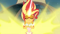 Size: 1920x1080 | Tagged: safe, derpibooru import, screencap, sunset shimmer, equestria girls, friendship games, bare shoulders, blast, crossed arms, daydream shimmer, energy blast, eyes closed, female, image, magic, magic blast, png, sleeveless, solo, strapless