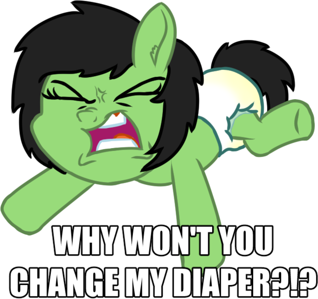 Size: 682x642 | Tagged: questionable, artist:craftycirclepony, derpibooru import, oc, oc:anonfilly, unofficial characters only, pony, angry, caption, dialogue, diaper, diaper fetish, ear fluff, eyes closed, faic, female, fetish, filly, forced meme, image, image macro, impact font, meme, open mouth, png, screaming, simple background, solo, text, trace, transparent background, underhoof, urine, wet diaper