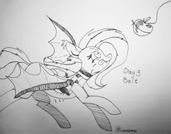 Size: 2048x1607 | Tagged: safe, artist:lowname, derpibooru import, fluttershy, bat pony, pony, apple, bait, bat ponified, clothes, drool, eyes on the prize, female, flutterbat, food, image, inktober, inktober 2019, jpeg, lineart, race swap, running, scarf, solo, tongue out, traditional art