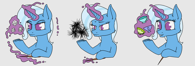 Size: 2251x767 | Tagged: safe, artist:dacaoo, derpibooru import, trixie, pony, unicorn, cup, dice, female, glowing horn, horn, image, levitation, magic, magic aura, magic wand, mare, png, simple background, smiling, solo, teacup, telekinesis, that pony sure does love teacups, transformation, underhoof