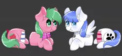 Size: 1326x612 | Tagged: safe, artist:thanhvy15599, derpibooru import, oc, oc:pine berry, oc:snow pup, unofficial characters only, earth pony, pegasus, pony, bisection, blue eyes, cake, chibi, clothes, collar, commission, earth pony oc, everything is cake, food, gray background, green eyes, half, image, jpeg, modular, pegasus oc, scarf, simple background, wings, ych sketch, your character here