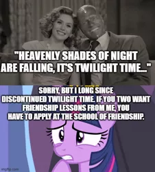 Size: 500x554 | Tagged: safe, derpibooru import, edit, edited screencap, editor:lord you know who, screencap, twilight sparkle, twilight sparkle (alicorn), alicorn, pony, twilight time, caption, comic, female, image, image macro, jpeg, marvel cinematic universe, scarlet witch, school of friendship, screencap comic, song reference, text, the platters, vision (marvel comics), wanda maximoff, wandavision