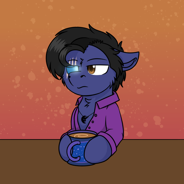 Size: 1000x1000 | Tagged: safe, artist:rokosmith26, derpibooru import, part of a set, oc, oc:nightshade, unofficial characters only, earth pony, pony, annoyed, brown eyes, cheek fluff, chest fluff, clothes, coffee, coffee mug, commission, cup, floppy ears, fluffy, glowing eye, holding, image, jewelry, male, mug, necklace, png, scar, shirt, simple background, solo, stallion, table, ych result