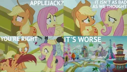 Size: 1280x720 | Tagged: safe, derpibooru import, edit, edited screencap, editor:quoterific, screencap, alpha beta, applejack, desert wind, dusty swift, fast break, fiery fricket, final countdown, flowerescent, fluttershy, frying pan (character), high roller, home stretch, lightning riff, miss hackney, moonlight zephyr, neckshot, ocean spray, opulence, pacifica, polo play, rosy pearl, saturn (character), silver waves, sprout greenhoof, steeplechase, summit point, sweet biscuit, sweet buzz, whirlwind romance, wintergreen, zen moment, earth pony, pegasus, pony, viva las pegasus, applejack's hat, clothes, cowboy hat, duo, duo female, eyes closed, fear, female, hat, image, jpeg, las pegasus, las pegasus resident, male, mare, open mouth, scarf, stallion, sweater, teeth