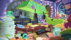 Size: 1920x1080 | Tagged: safe, derpibooru import, every little thing she does, season 6, background, book, cake, food, frying pan, image, jpeg, kitchen, no pony, top draw animation, twilight's castle