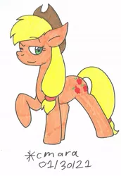 Size: 777x1131 | Tagged: safe, artist:cmara, derpibooru import, applejack, earth pony, pony, applejack's hat, cowboy hat, female, hat, image, jpeg, mare, one eye closed, raised hoof, simple background, solo, traditional art, white background, wink