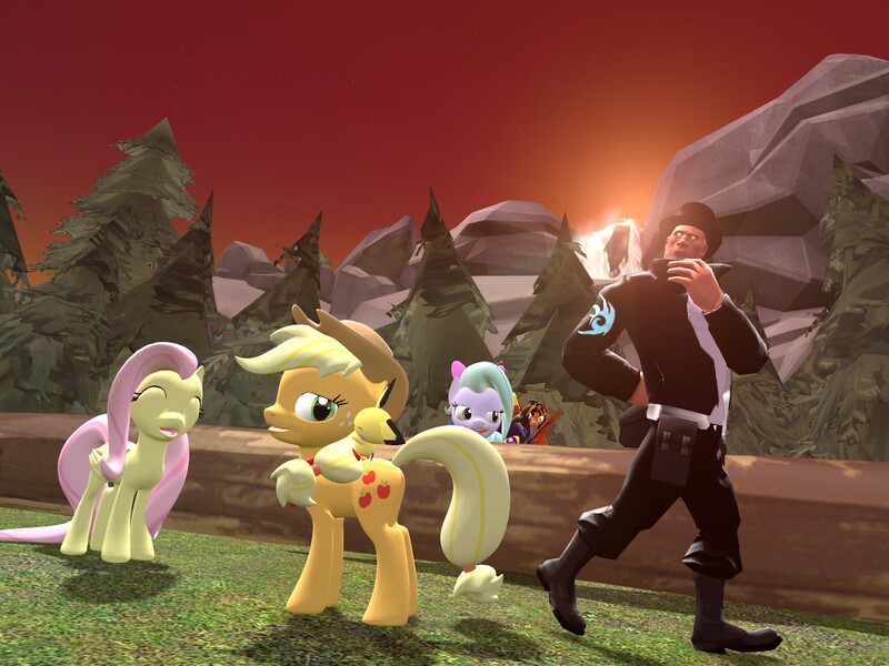 Size: 1400x1050 | Tagged: safe, artist:rachidile, derpibooru import, applejack, flitter, fluttershy, oc, pichu, pony, 3d, crossover, gmod, image, jpeg, mountain, mountain range, non-mlp oc, pine tree, pokémon, sonic the hedgehog (series), spyro the dragon, team fortress 2, tree