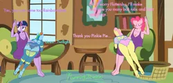 Size: 1646x795 | Tagged: suggestive, artist:flammingbrony40, derpibooru import, fluttershy, pinkie pie, rainbow dash, anthro, earth pony, pegasus, plantigrade anthro, unicorn, 1000 hours in ms paint, breasts, butt, cleavage, clothes, eyes closed, flutterbutt, fluttershy's cottage, grammar error, image, jpeg, masochism, over the knee, panties, pants, pants down, rainbutt dash, sexy, smiling, spanking, underwear