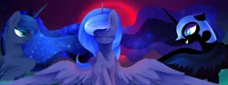 Size: 1280x481 | Tagged: safe, artist:kebchach, derpibooru import, nightmare moon, princess luna, alicorn, pony, blood moon, female, image, jpeg, lunar trinity, mare, moon, s1 luna, triality