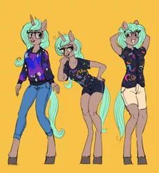 Size: 1280x1391 | Tagged: safe, artist:toisanemoif, derpibooru import, oc, unofficial characters only, anthro, unguligrade anthro, unicorn, '90s, clothes, glasses, grin, image, jeans, jpeg, looking at you, pants, shirt, shorts, smiling