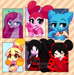 Size: 1184x1200 | Tagged: safe, artist:kkotie, derpibooru import, pinkie pie, cat, dog, earth pony, pony, six fanarts, adventure time, animal crossing, anthro with ponies, bubblegum, bust, clothes, crossover, eyes closed, female, food, gloves, gum, gumball watterson, hand on hip, image, isabelle, marceline, mare, pinkamena diane pie, png, pucca, smiling, spinel (steven universe), steven universe, the amazing world of gumball, watermark, waving