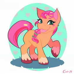 Size: 2975x2975 | Tagged: safe, artist:clown_soda, derpibooru import, sunny starscout, earth pony, pony, abstract background, blushing, braid, female, g5, heart, high res, image, jpeg, looking at you, mare, open mouth, raised hoof, signature, solo, unshorn fetlocks