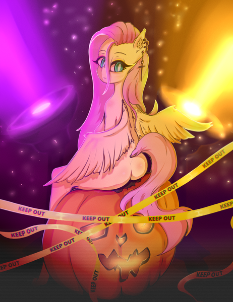 Size: 2000x2595 | Tagged: questionable, artist:mistleinn, derpibooru import, fluttershy, anthro, pegasus, ass, breasts, butt, female, flutterbutt, green eyes, halloween, happy halloween, holiday, image, jack-o-lantern, looking at you, looking over shoulder, magic, nudity, piercing, pink hair, png, pumpkin, sitting, solo