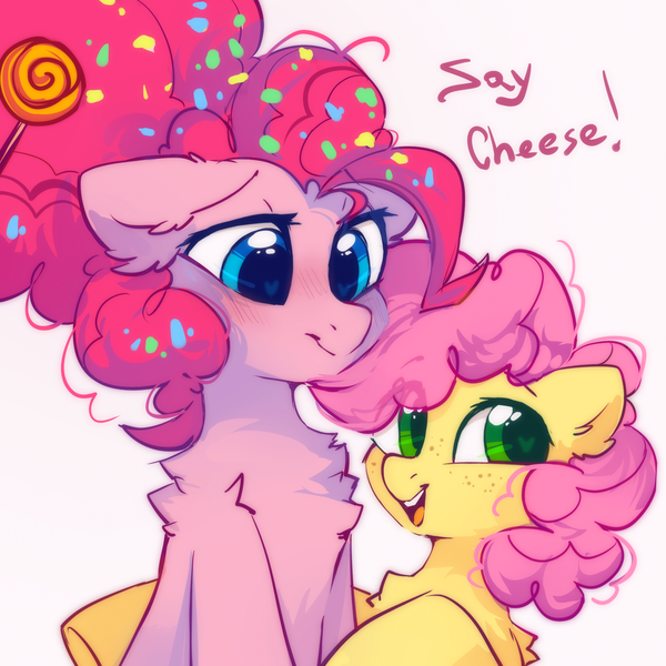 Size: 1700x1700 | Tagged: safe, artist:mirtash, derpibooru import, li'l cheese, pinkie pie, earth pony, pony, the last problem, blushing, cute, diapinkes, duo, duo female, female, filly, freckles, heart eyes, image, li'l cuteese, mare, mother and child, older, older pinkie pie, open mouth, png, smiling, wingding eyes