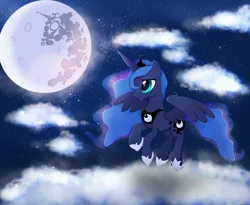 Size: 1024x838 | Tagged: safe, artist:nnaly, derpibooru import, princess luna, alicorn, pony, cloud, ethereal mane, female, image, jpeg, mare, mare in the moon, moon, night, night sky, sky, solo