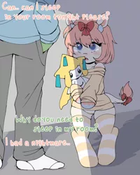 Size: 2000x2500 | Tagged: safe, artist:angelbeat-drift, derpibooru import, oc, oc:anon, oc:iwa, cow, cow pony, human, jirachi, pony, semi-anthro, bipedal, bow, clothes, crying, female, hair bow, hands in pockets, horns, image, mare, panties, pants, plushie, png, pokémon, simple background, socks, striped socks, striped underwear, sweater, tail bow, teary eyes, text, thigh highs, underwear