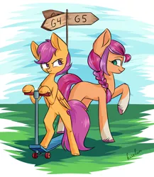 Size: 1472x1698 | Tagged: safe, artist:kiselan, derpibooru import, scootaloo, sunny starscout, earth pony, pegasus, pony, bipedal, braid, cutie mark, featureless crotch, female, g4, g5, green, guidepost, image, jpeg, looking back, mare, scooter, signature, sky, smiling, unshorn fetlocks